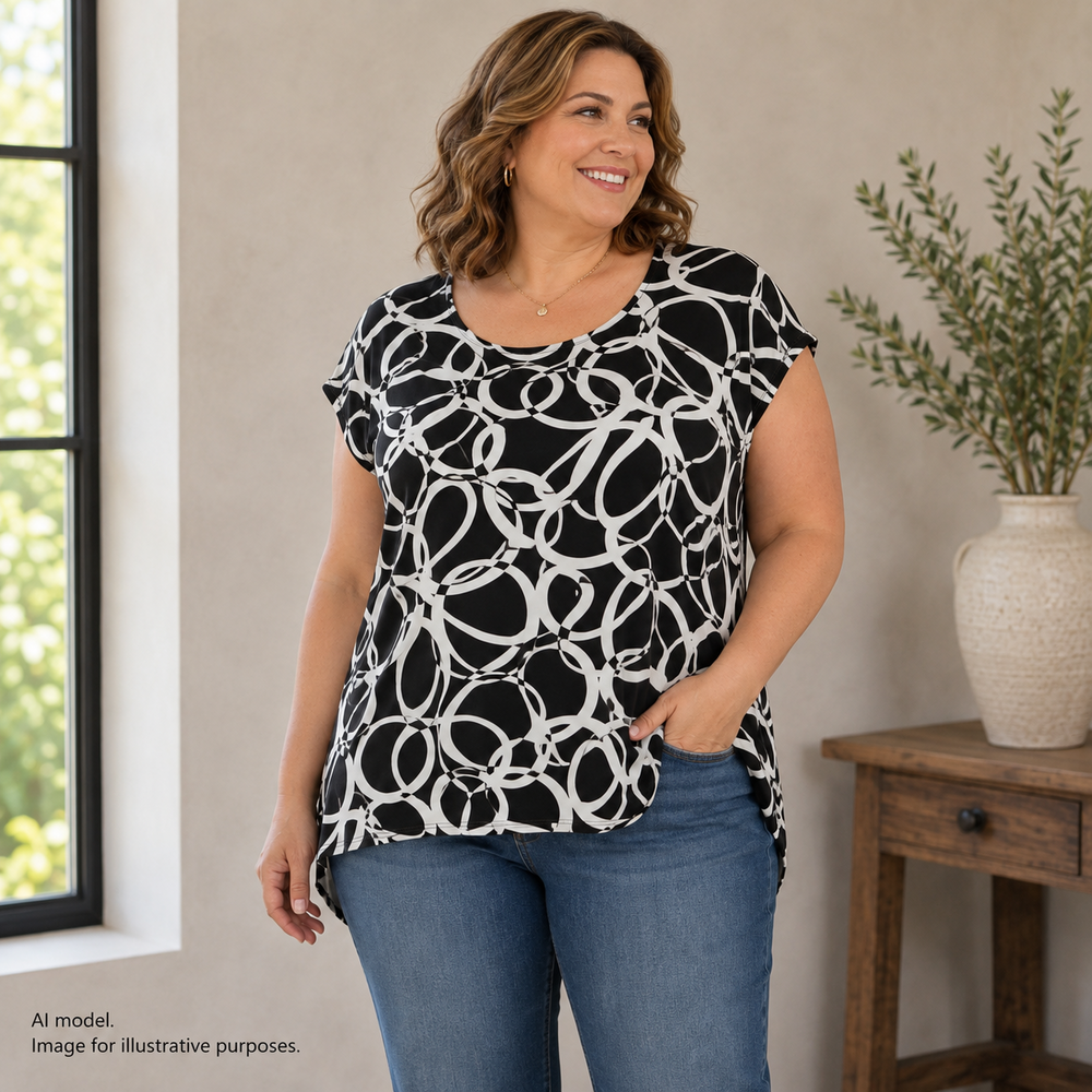 Susan Graver Shirt Womens 1X Black White Geo Print Scoop Neck Dolman Tunic Top